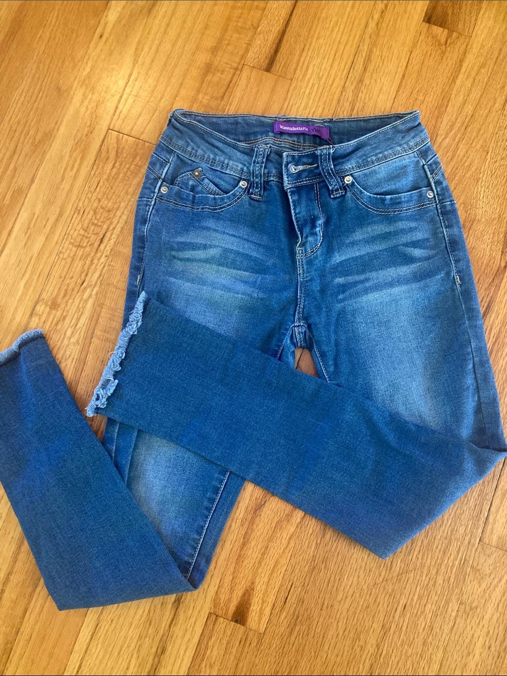 Girls size 10 YMI Blue Skinny Jeans with Frayed Hem